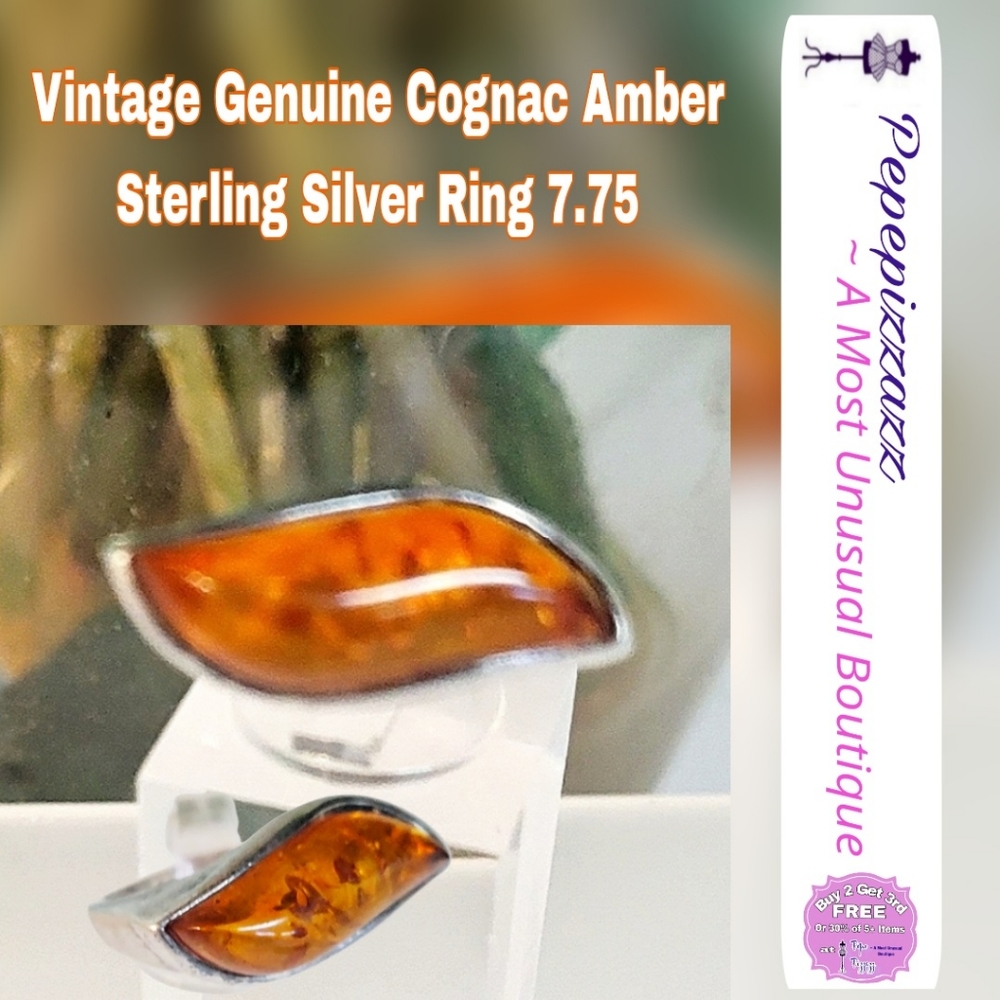 STERLING SILVER RING SZ 7.75 COGNAC AMBER MODERNIST 7.3 G